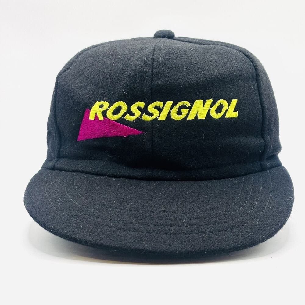 Vintage Rossignol Hat Cap Ski Wool Blend Black Ear Flaps Ski Bum Rare Unique USA